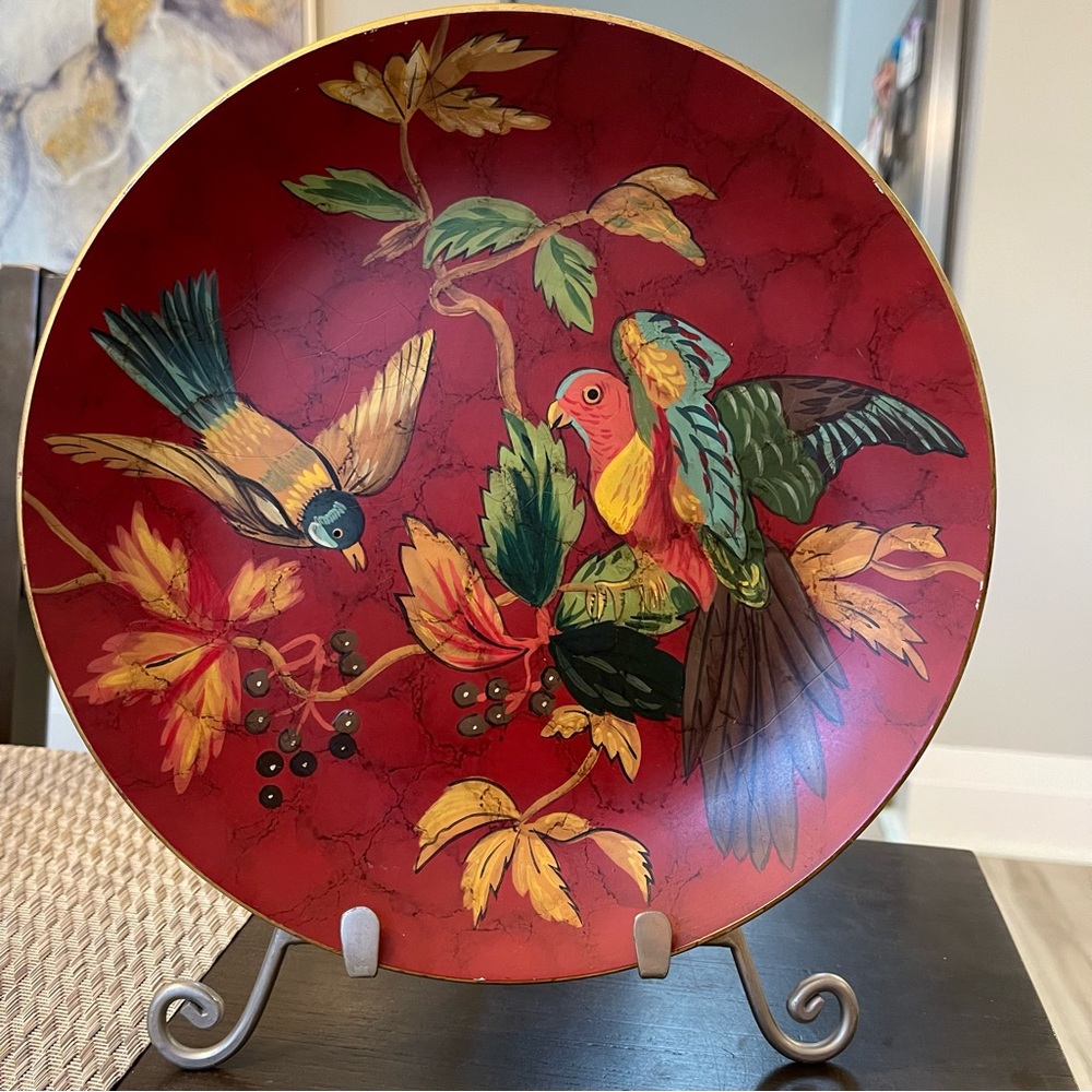 VINTAGE RARE VIBRANT RED DECORATIVE PLATE LEAVES EXOTIC BIRDS